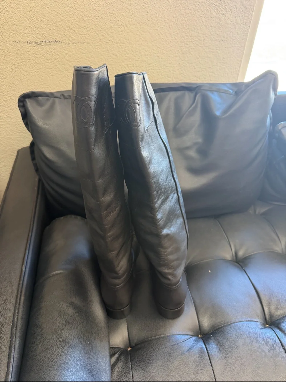 CHANEL Black Leather Over-the-Knee Boots with Embossed CC